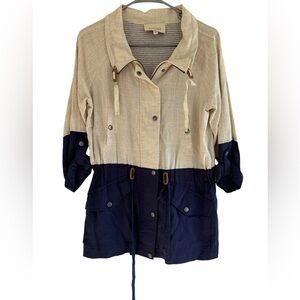 Blu Pepper Women's Two Tone Utility Jacket‎ Cream Blue Linen Blend Size Small